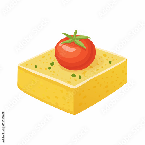 Gourmet appetizer canapé with a fresh cherry tomato on a cheese or polenta base, garnished with herbs