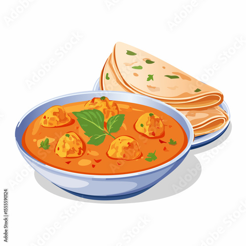 An appetizing illustration of a traditional Indian meal featuring a bowl of spicy meatball kofta curry with a side of fresh naan or roti flatbread.