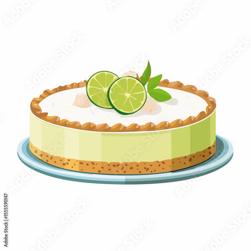 A delectable key lime pie illustration, showcasing a whole tart with a crumbly crust, creamy filling, and fresh lime and mint garnish on top.