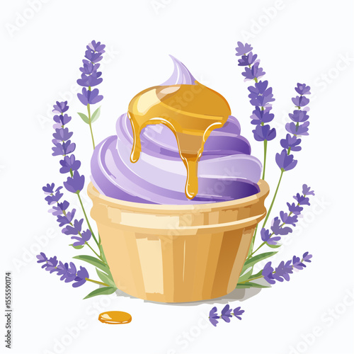 Gourmet lavender ice cream topped with a delicious golden honey drizzle, framed by fresh lavender flowers. A sweet floral dessert concept illustration.