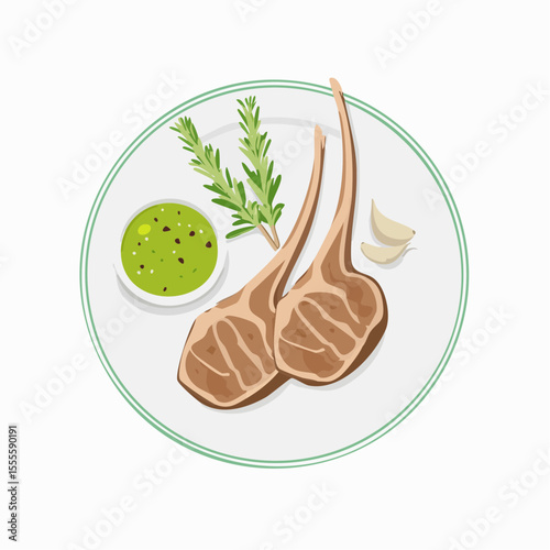 Gourmet dish of grilled lamb chops served with green sauce, fresh rosemary, and garlic cloves on a plate. A concept for fine dining.