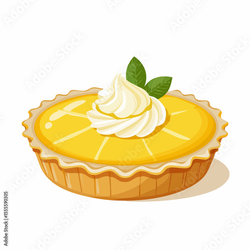 Illustration of a delicious lemon tart with a swirl of whipped cream and fresh mint leaves. Sweet citrus pastry dessert.