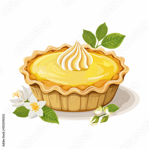 A delicious lemon curd tartlet with a meringue swirl, garnished with fresh blossoms and leaves. A sweet dessert pastry illustration.