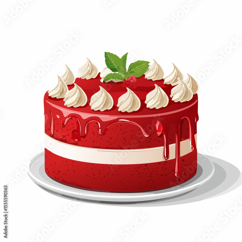 An elegant red layer cake with glossy frosting, whipped cream swirls, and a fresh mint and berry garnish, isolated vector illustration.