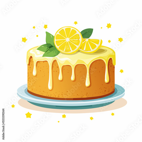 A delicious lemon pound cake with a sweet yellow glaze dripping down the sides, garnished with fresh lemon slices and mint leaves.