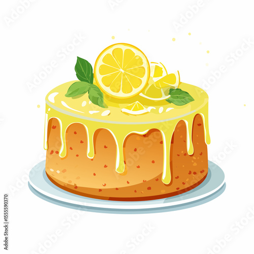 Illustration of a delicious homemade lemon cake with a yellow glaze drip, garnished with fresh citrus slices and mint
