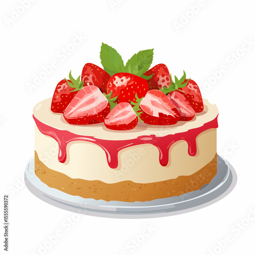 A delicious illustration of a strawberry cheesecake, topped with fresh berries, sauce, and mint for a sweet gourmet celebration.