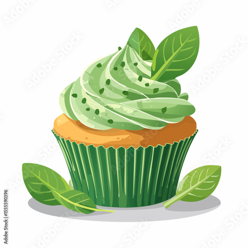 Illustration of a delectable cupcake with green mint-flavored frosting and fresh leaf garnish, isolated on a white background