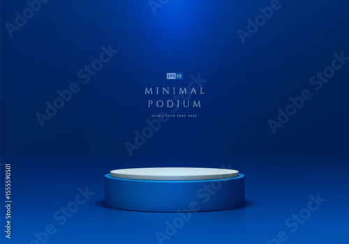 Blue round podium 3D background with ceiling lighting on the wall. Abstract composition in minimalist design. 3D Studio display showroom stands product pedestal, Fashion stage showcases mockup scene