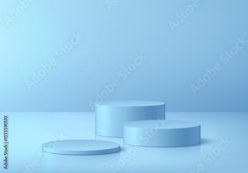3D blue podium set background in empty clean room empty space. Abstract composition in minimalist design. Studio display showroom cosmetic product pedestal, Fashion stage showcase mockup scene.