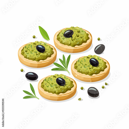 Gourmet appetizer canapés with green olive paste and black olives. Healthy Mediterranean snack food illustration.