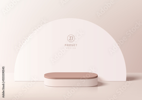 3D pink gold round podium background with semi-circle backdrop. Abstract geometric composition minimalist design. 3D Studio display showroom product pedestal, Fashion stage showcase mockup wall scene.