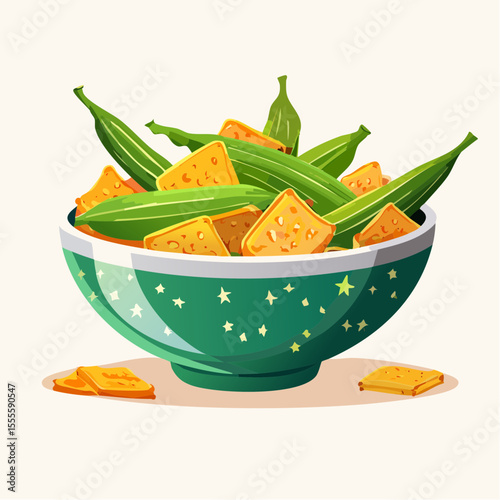 A vibrant illustration of a bowl filled with fresh green okra and savory crackers, a delicious and wholesome snack concept.