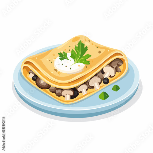 Delicious savory crepe filled with mushrooms and topped with sour cream and fresh parsley. A traditional European meal concept illustration.