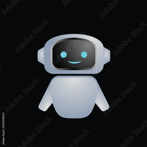 3d graphics of AI robot character standing at attention with smiling face