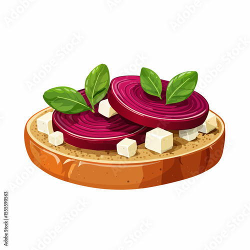 An illustration of a delicious and healthy bruschetta appetizer with sliced beetroot, feta cheese, and fresh basil leaves on toasted bread.