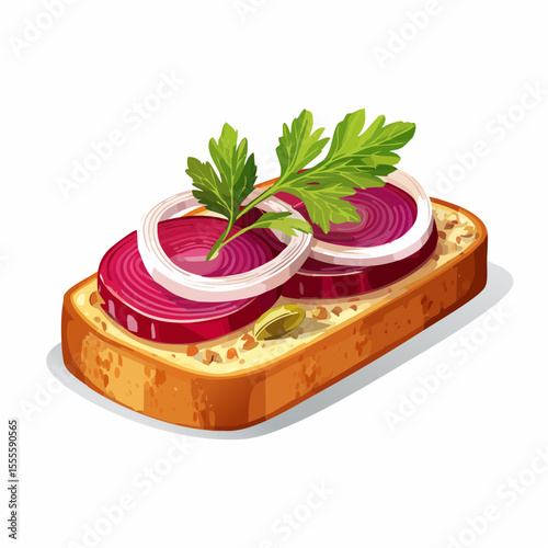 Vector illustration of a gourmet bruschetta appetizer with sliced red onion, fresh parsley, and capers on toast.
