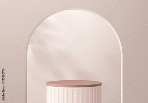 3D pink gold round podium background in arch gate with natural lighting. Abstract geometric composition minimalist design. Studio display showroom product pedestal, Fashion stage showcase mockup scene