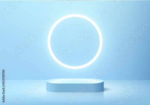 Light blue round podium 3D background with glowing neon circle backdrop. Abstract composition minimalist design. Studio display showroom cosmetic product pedestal, Fashion stage showcases mockup scene