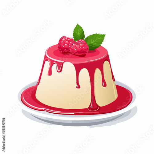 Classic Italian panna cotta dessert with raspberry sauce and fresh mint garnish. A sweet and creamy pudding illustration.