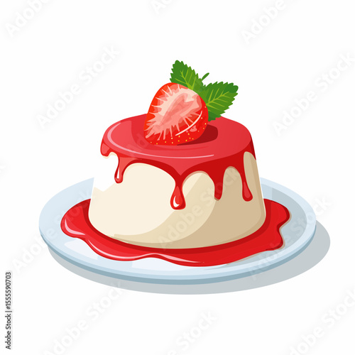 Classic Italian panna cotta dessert with sweet strawberry sauce and a fresh mint garnish on a plate. Vector food illustration.