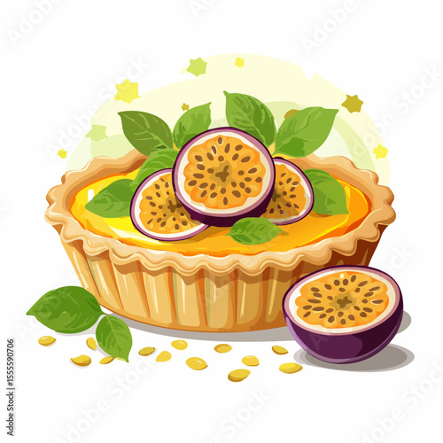 Gourmet passion fruit tart with creamy custard filling, garnished with fresh fruit slices and mint leaves, isolated on white.