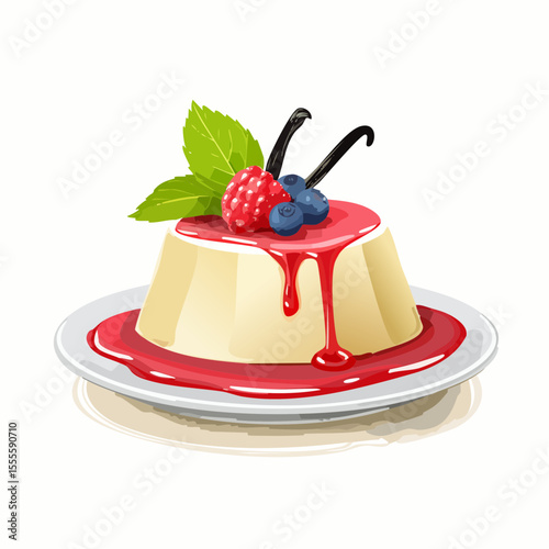 Gourmet panna cotta dessert with raspberry sauce, fresh berries, and vanilla. Elegant Italian pudding vector illustration.