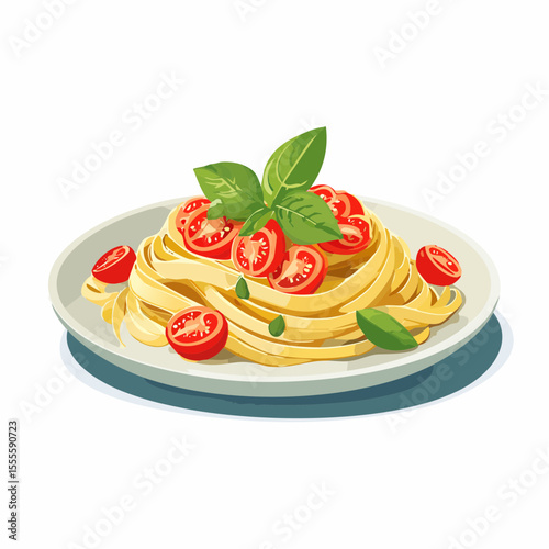 Classic Italian fettuccine pasta dish with fresh cherry tomatoes and basil leaves on a white plate.