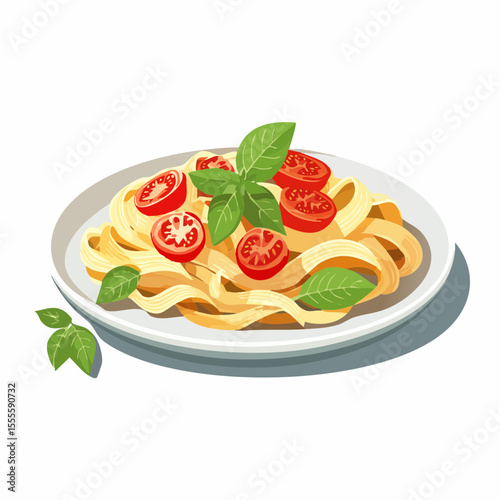 A delicious plate of Italian fettuccine pasta with fresh cherry tomatoes and basil leaves. Healthy traditional meal.