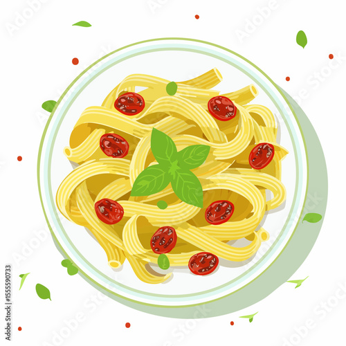A gourmet plate of fresh Italian fettuccine pasta with cherry tomatoes and basil leaves. Top-down view illustration of a delicious meal.