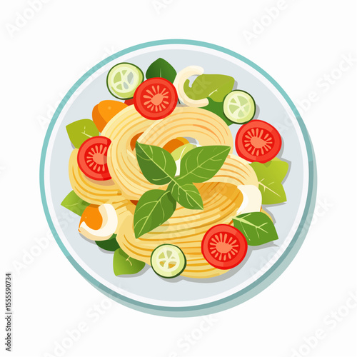 Top view of a fresh pasta salad with tagliatelle, tomatoes, cucumber, and basil on a plate. Healthy Italian dish vector illustration