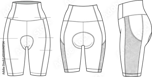  Cycling shorts technical flat, women padded sports shorts, compression activewear design, side mesh panels, front back side fashion sketchflat vector illustration