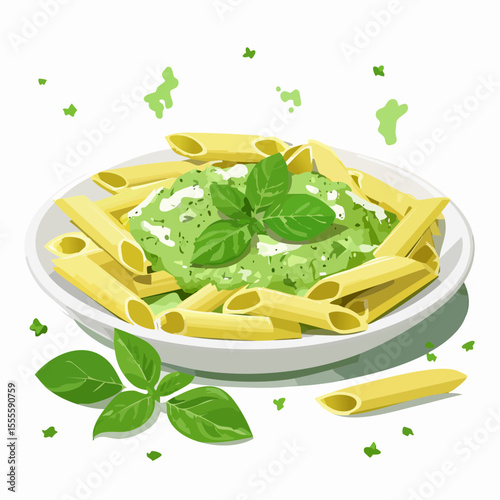 A delicious bowl of penne pasta topped with creamy green pesto sauce and fresh basil leaves. A vector illustration of a traditional Italian dish.