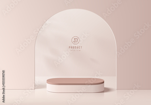 3D pink gold podium background in arch gate with natural light behind. Abstract geometric composition minimalist design. Studio display showroom product pedestal, Fashion stage showcases mockup scene.