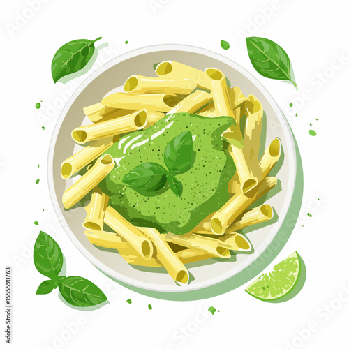 A delicious bowl of penne pasta with vibrant green pesto sauce and fresh basil, a concept of healthy Italian cooking.
