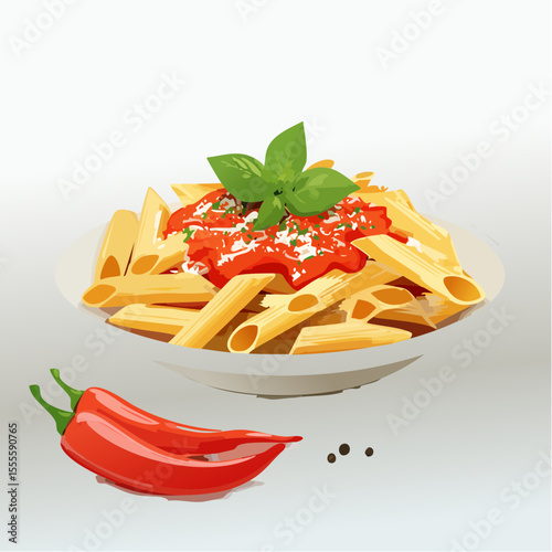 A delicious plate of Italian penne pasta with spicy tomato sauce, fresh basil, and chili pepper.
