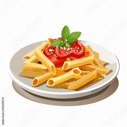 Delicious Italian penne pasta dish with tomato sauce, grated cheese, and a fresh basil garnish. A classic meal illustration.