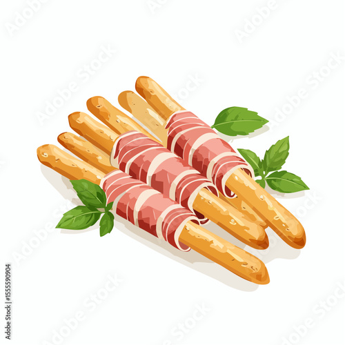 Italian appetizer of crispy breadsticks wrapped in cured ham with fresh basil leaves on a white background.