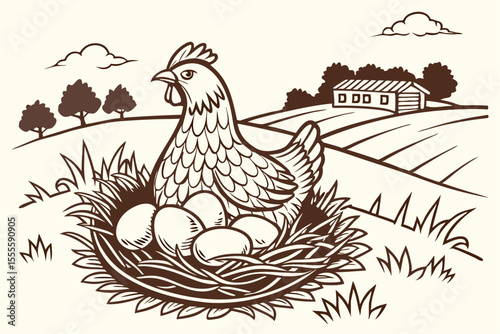Chickencoop Scene – Hen and Eggs Sketch