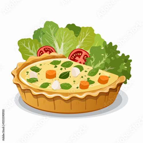 A delicious homemade savory quiche with a golden crust, filled with vegetables and cheese, served with a fresh salad. Vector illustration of an appetizing meal.
