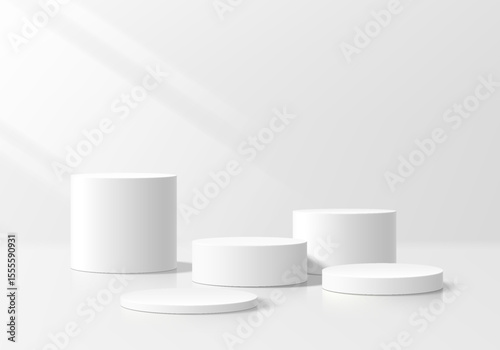 3D white round podium set background with light and shadow. Abstract geometric composition in minimalist design. 3D studio display showroom product pedestal, Fashion stage showcase mockup scene.