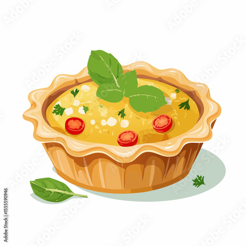 A freshly baked individual savory tart, a delicious quiche with tomato and herbs, isolated on a white background