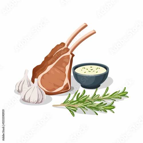 A culinary illustration of uncooked rack of lamb with fresh rosemary, garlic cloves, and a dipping sauce. Gourmet food ingredients.