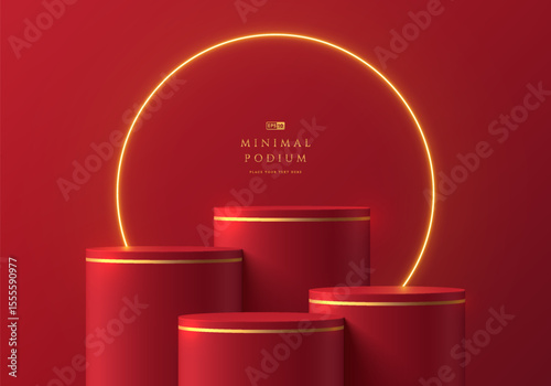 3D background with set of dark red round product podium with glow golden ring neon lighting. Abstract composition in minimalist design. Platforms mockup product display presentation. Stage showcase.