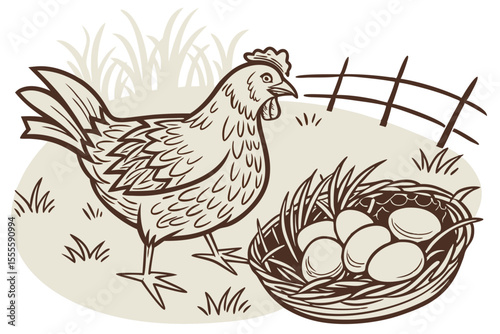 Engraved Hen and Nest Clipart