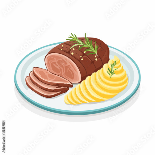A classic dinner plate with sliced roast meat and mashed potatoes, garnished with fresh rosemary. A traditional homemade meal illustration.