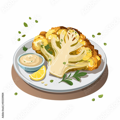 Gourmet roasted cauliflower steak served with a creamy dipping sauce, a lemon wedge, and fresh herbs. A healthy and delicious plant-based meal.