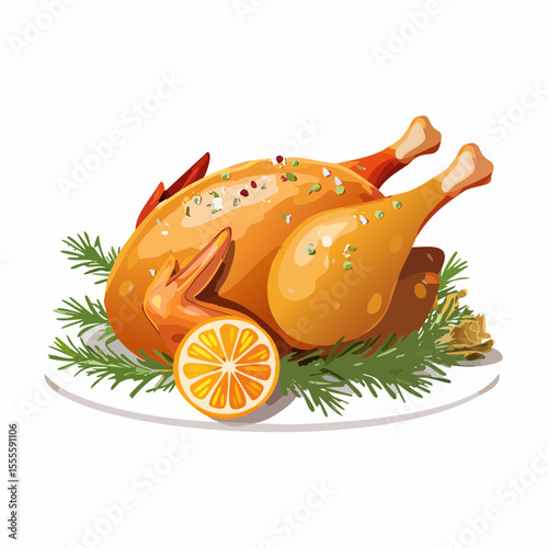 Traditional holiday roasted poultry, seasoned and garnished with citrus and herbs, ready for a celebratory dinner on a platter.