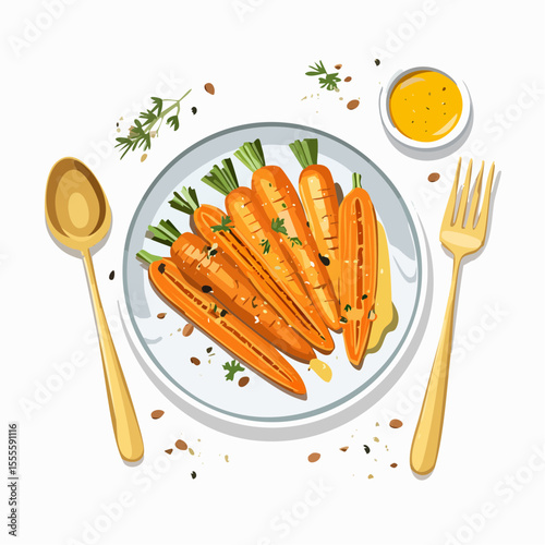 A beautifully plated dish of roasted glazed carrots seasoned with fresh herbs and spices, served with a dipping sauce.