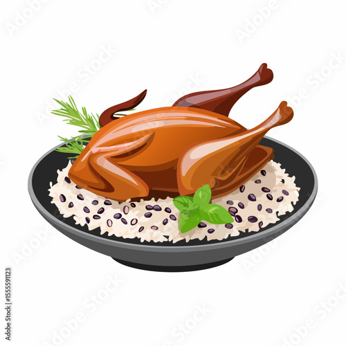Delicious whole roasted chicken on a bed of rice with beans, garnished with fresh rosemary and basil. Festive main course illustration.
